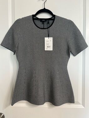 NWT Theory Peplum Shirt Sleeve Blouse Black & White Light Bilen Size Small